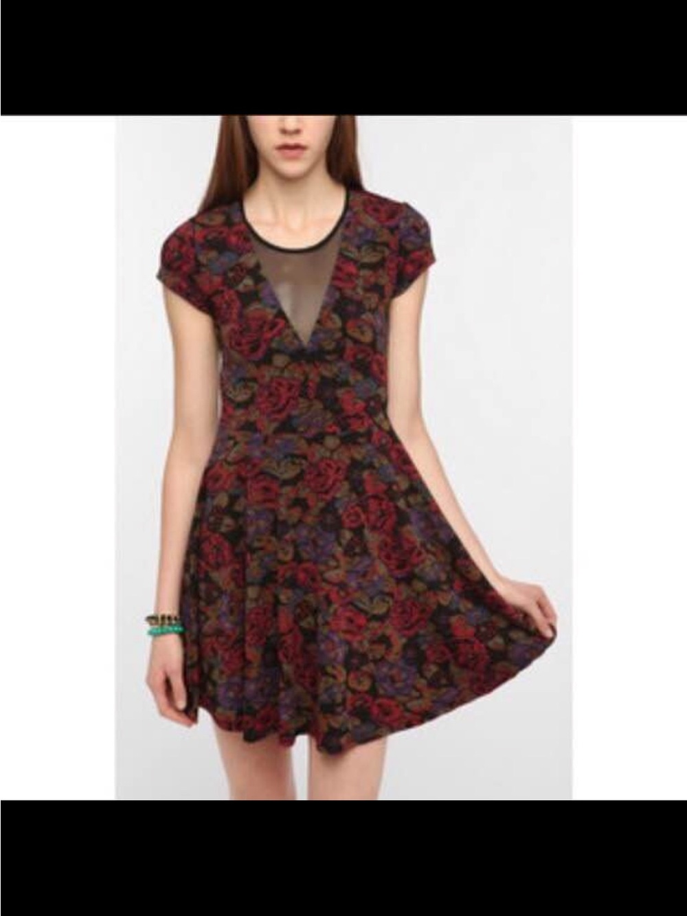 Kimchi Blue Burgundy Floral Mesh V-Panel Skater Dress